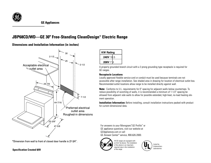 Image de la première page du manuel de l'appareil JBP68WDWW
