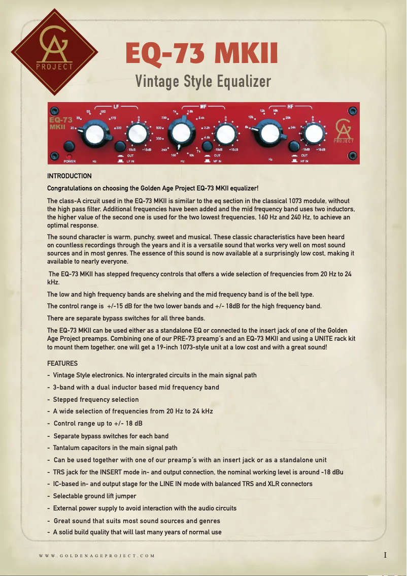 Page 1 de la notice Manuel utilisateur Golden Age Project EQ-73 MKII