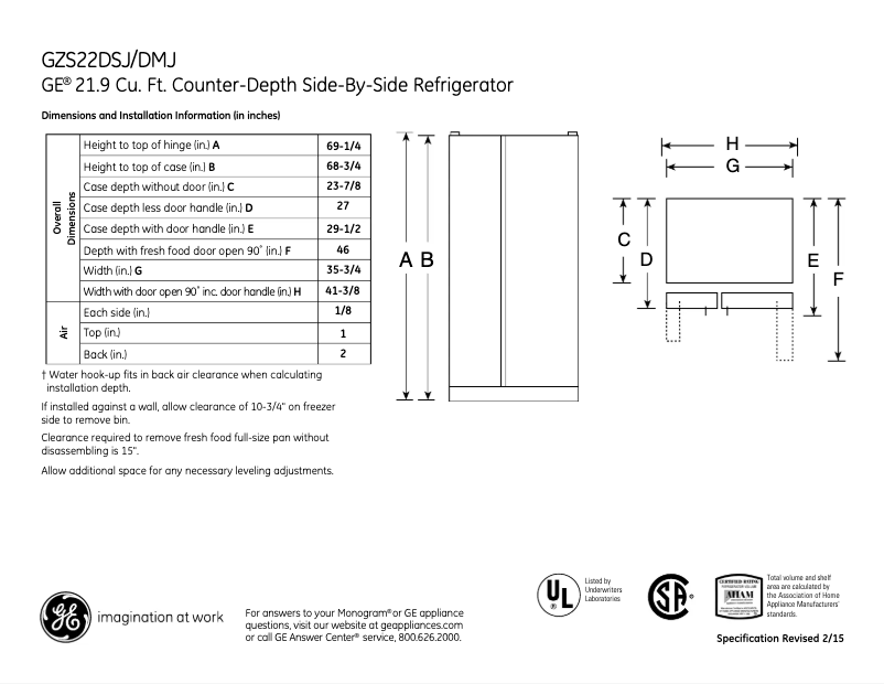 Página 1 del manual Ficha técnica GE GZS22DGJBB