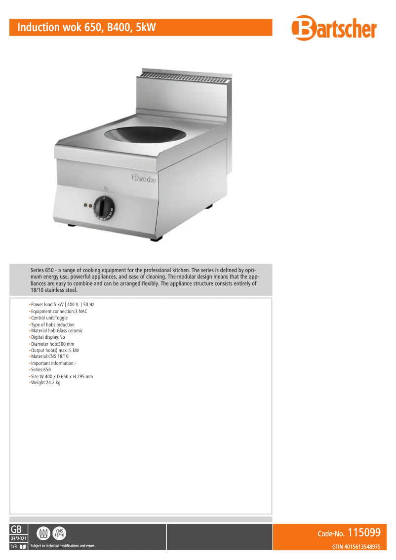 Page 1 of the manual Technical Sheet Bartscher 115099