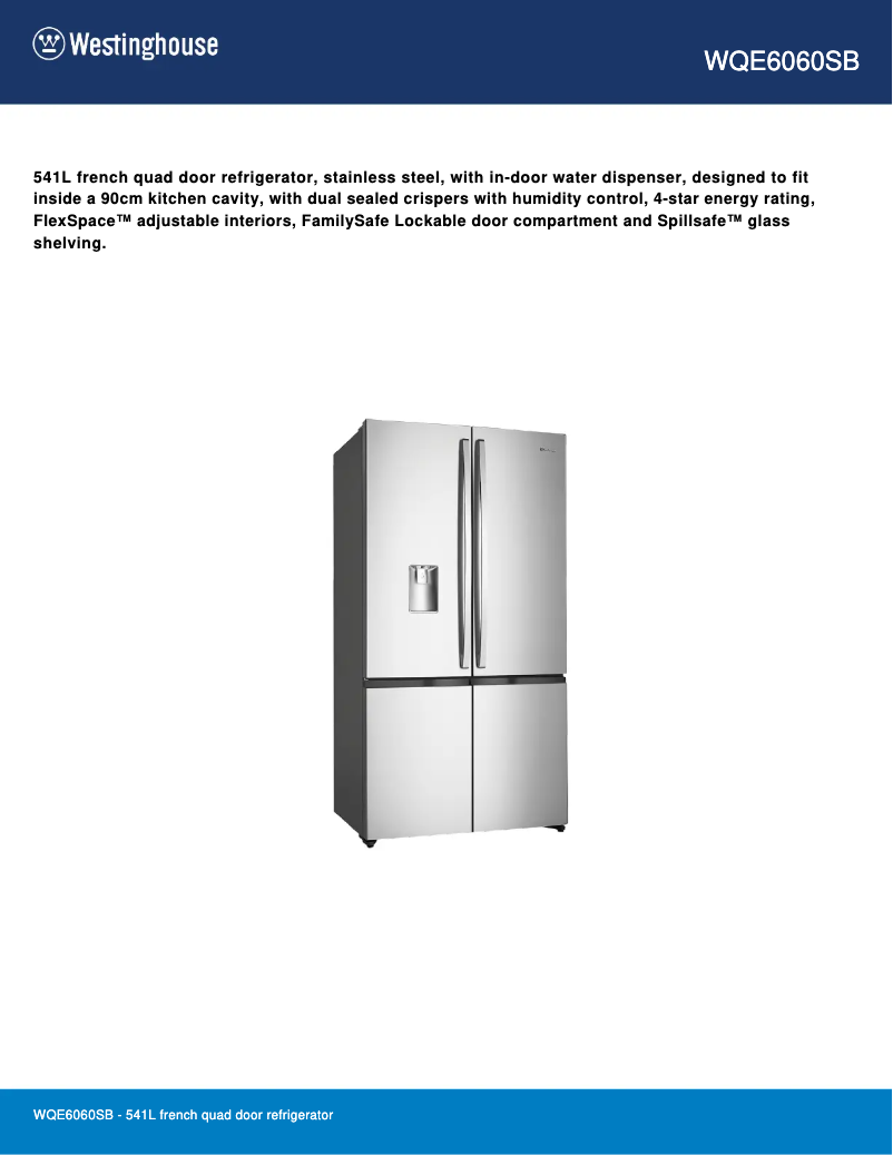 Page 1 de la notice Fiche technique Westinghouse WQE6060SB