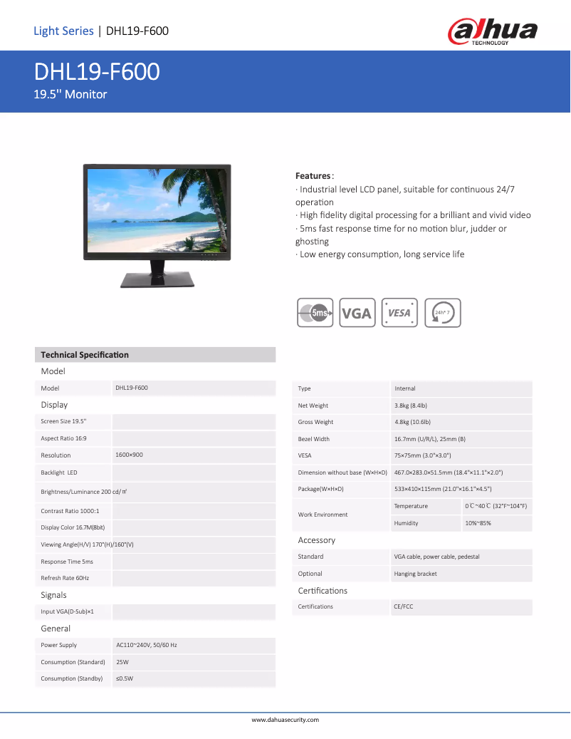 Page 1 de la notice Fiche technique Dahua Technology DHL19-F600