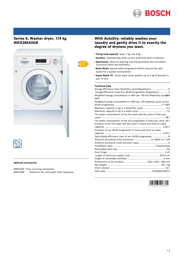 Page 1 de la notice Fiche technique Bosch WKD28543GB