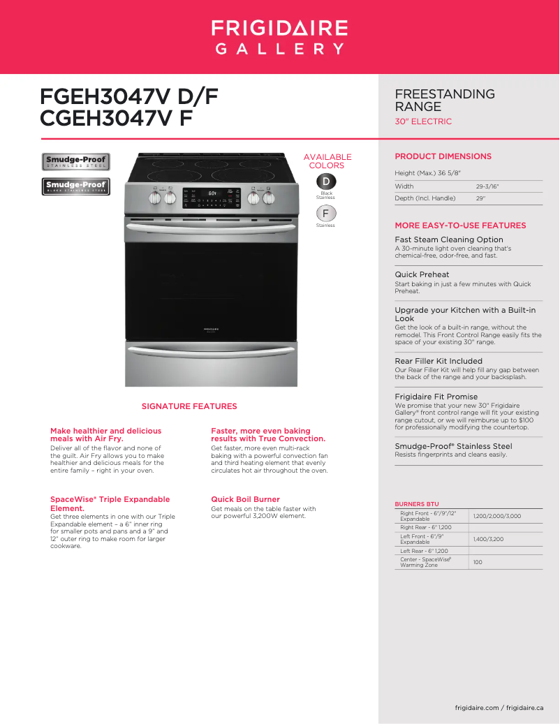 Página 1 del manual Ficha técnica Frigidaire FGEH3047VF