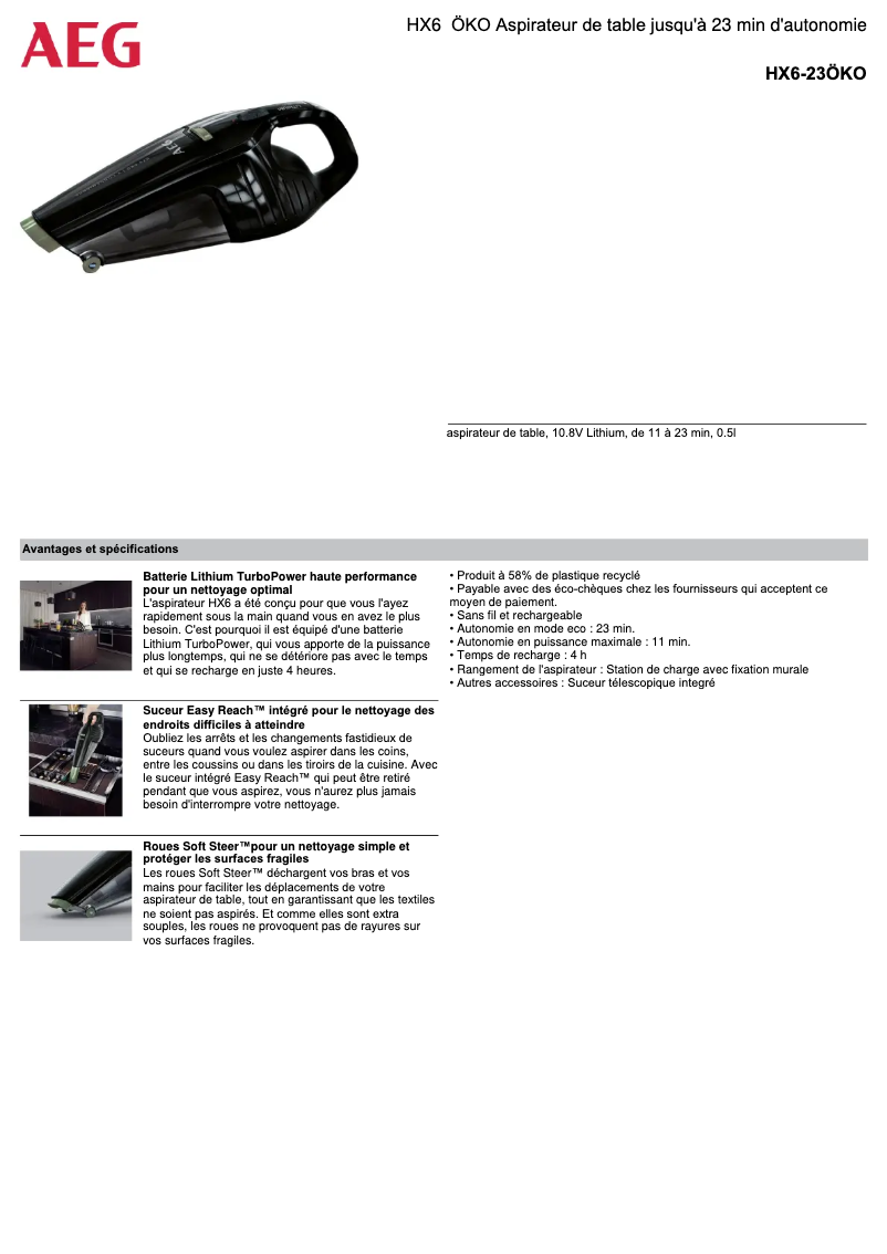 Page 1 de la notice Fiche technique AEG HX6-23ÖKO