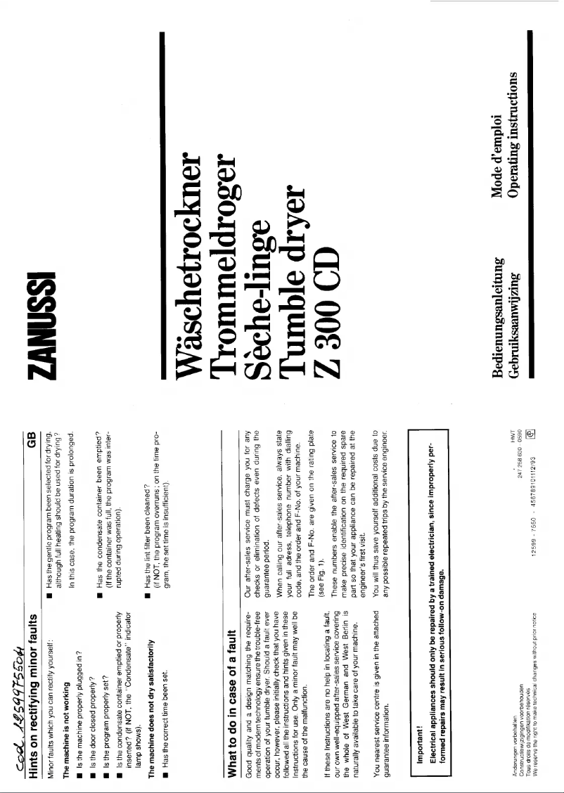 Page 1 de la notice Manuel utilisateur Zanussi-Electrolux Z 300 CD