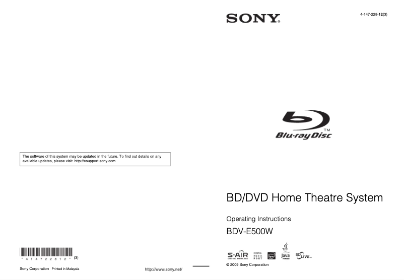 Page 1 de la notice Manuel utilisateur Sony BDV-E500W