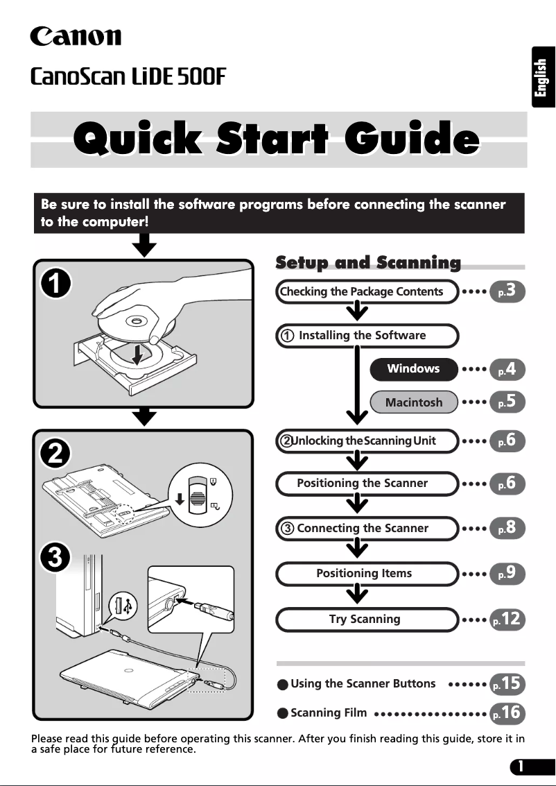 Página 1 del manual Guía de inicio rápido Canon Canoscan LiDE 500F