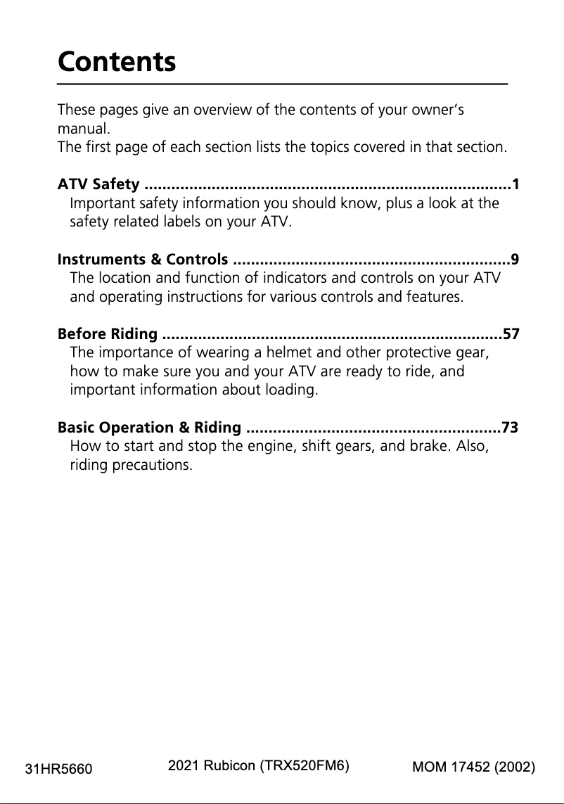 Page 1 de la notice Manuel utilisateur Honda Rubicon (2021)