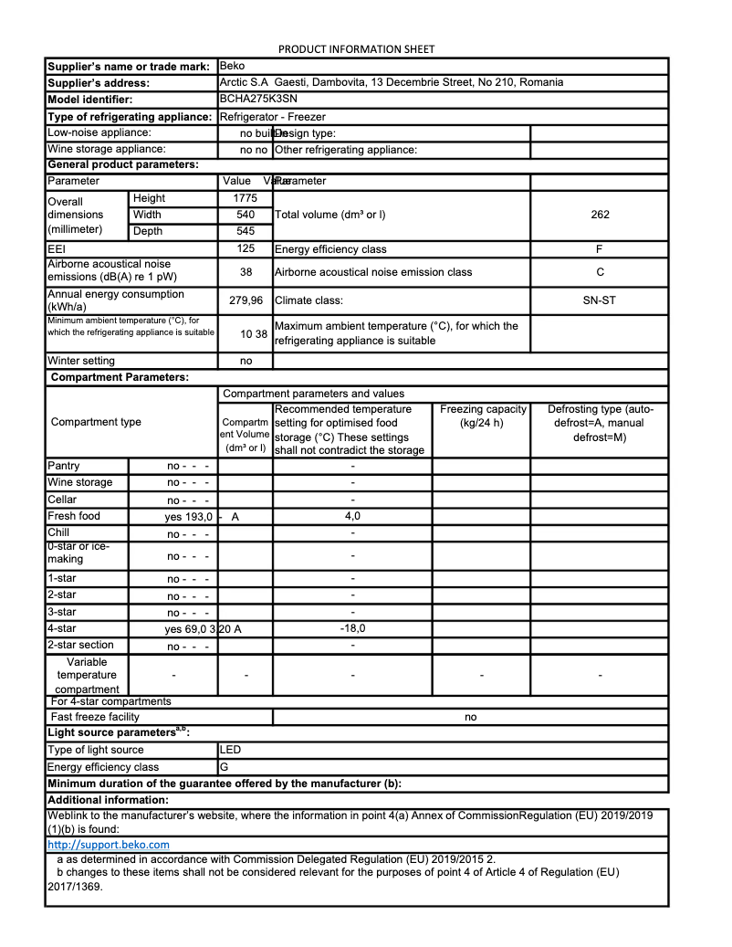 Page 1 de la notice Fiche technique Beko BCHA275K3SN