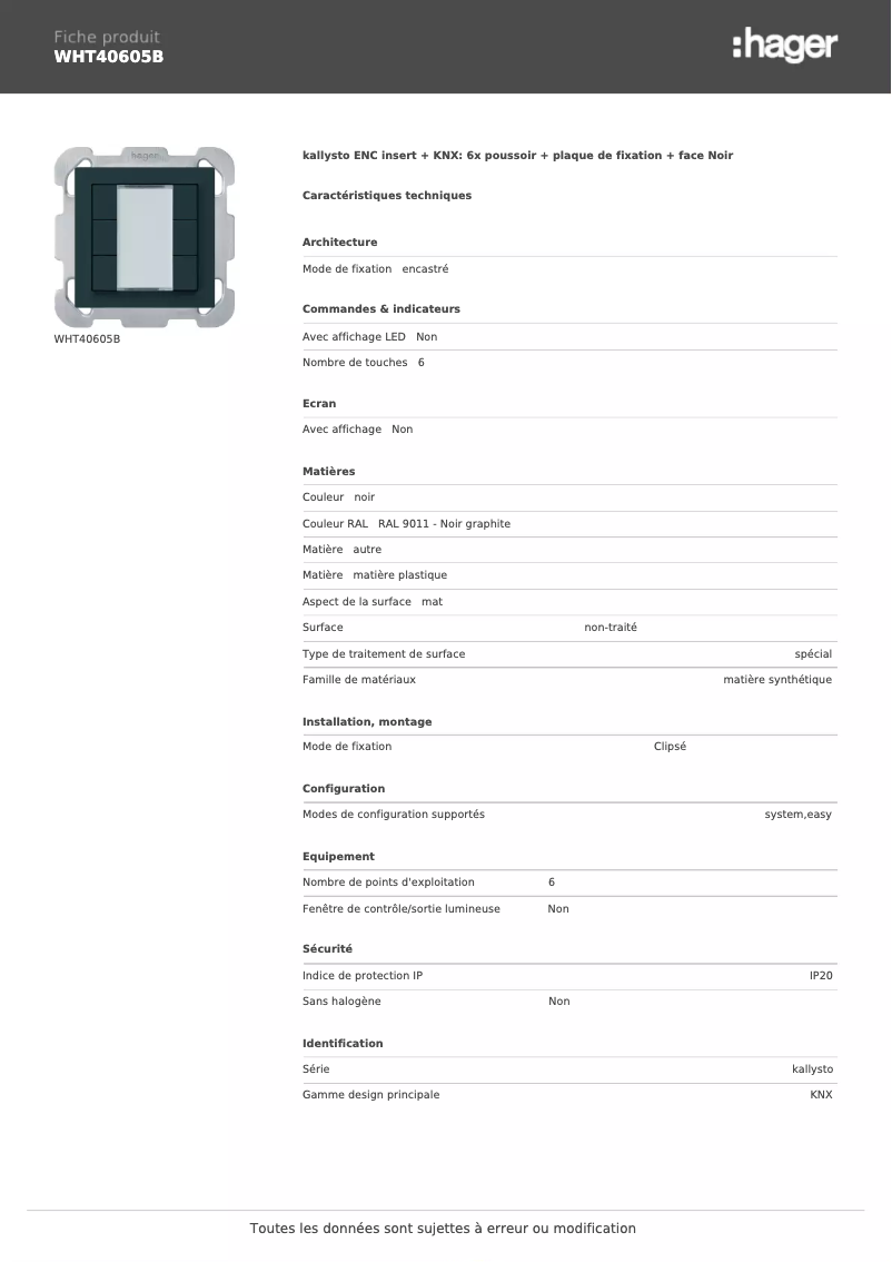 Page 1 de la notice Fiche technique Hager WHT40605B