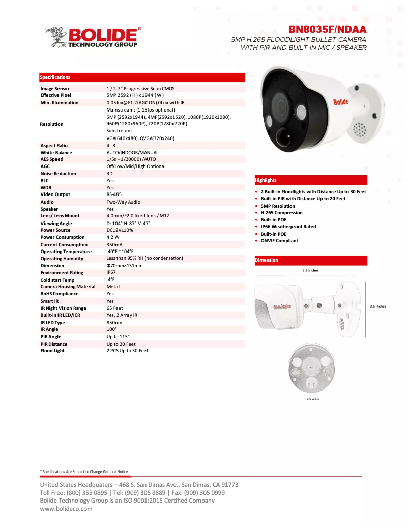 Page 1 de la notice Manuel utilisateur Bolide BN8035F/NDAA