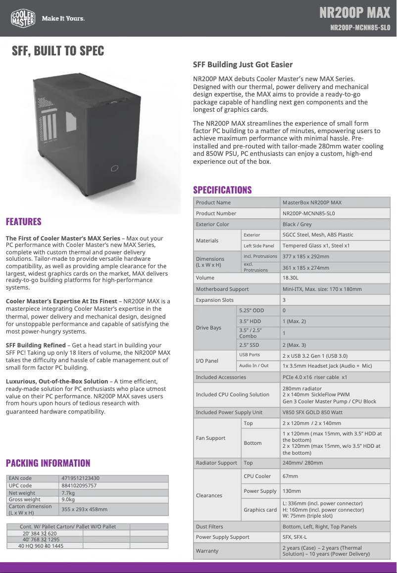 Página 1 del manual Ficha técnica Cooler Master NR200P MAX