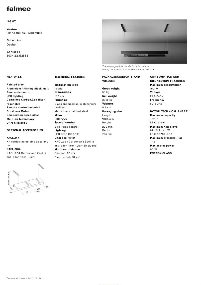 Página 1 del manual Ficha técnica Falmec Light