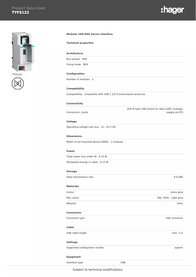 Page 1 de la notice Fiche technique Hager TYFS122