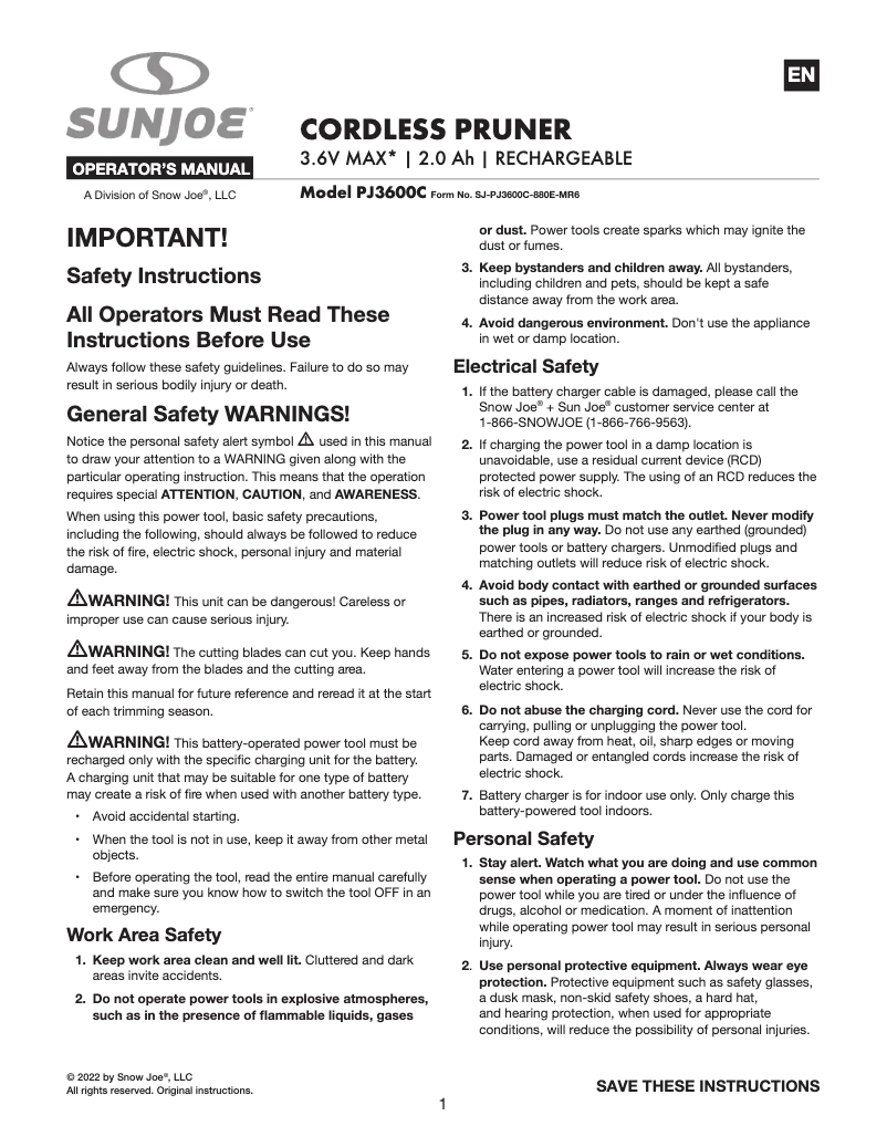 Page 1 de la notice Manuel utilisateur Sun Joe PJ3600C