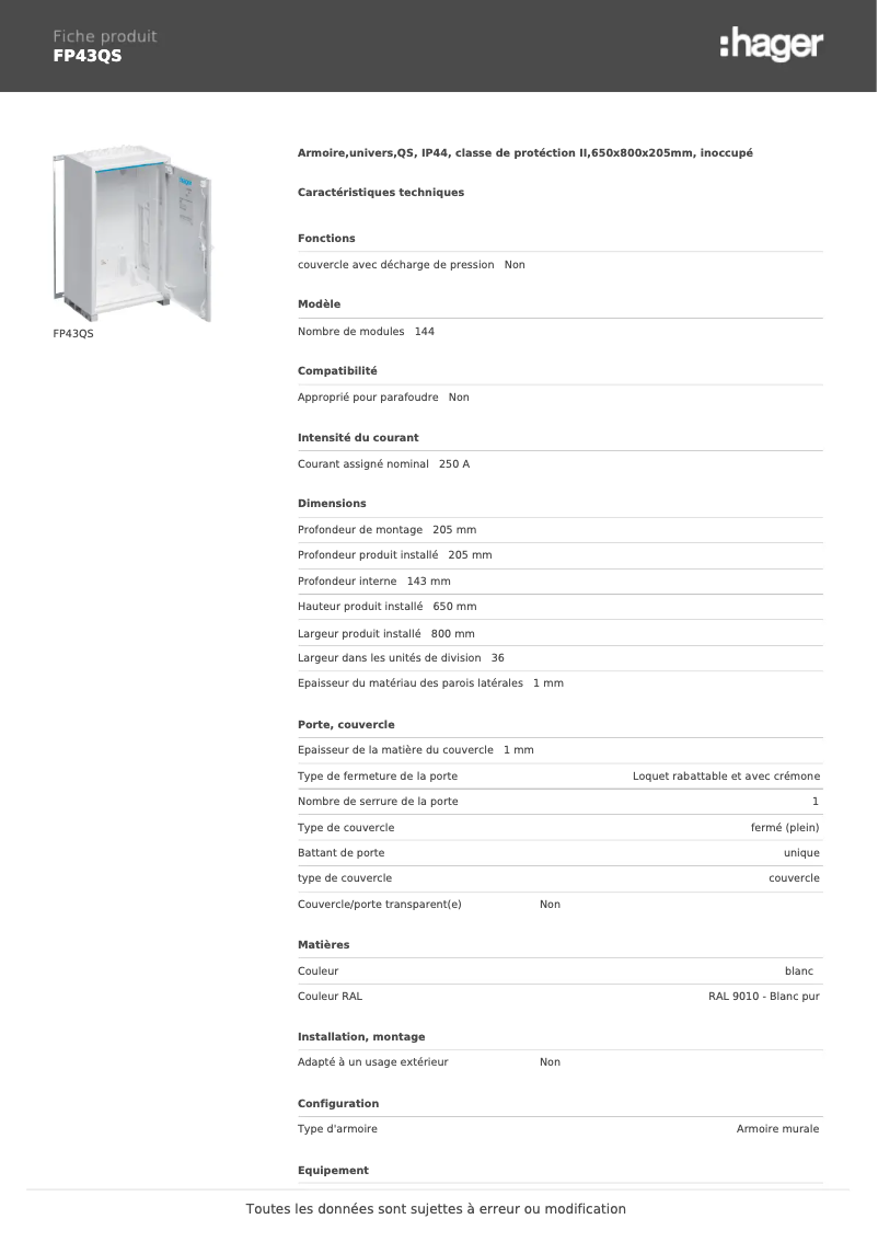 Page 1 de la notice Manuel utilisateur Hager FP43QS