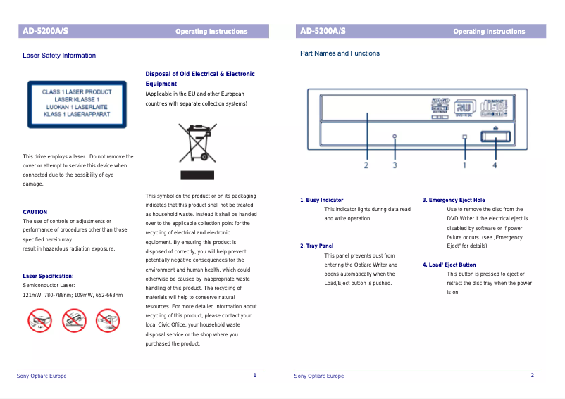 Page 1 de la notice Manuel utilisateur Sony Optiarc AD-5200S