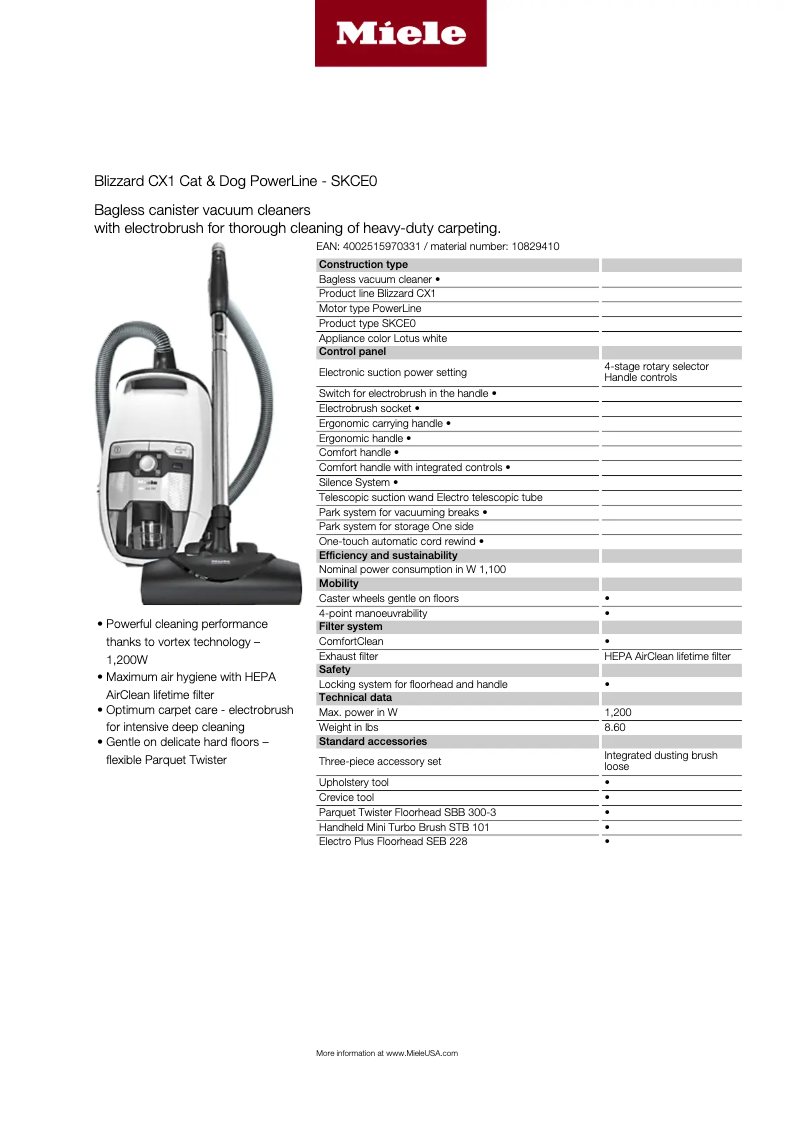 Página 1 del manual Ficha técnica Miele Blizzard CX1 Cat & Dog PowerLine 