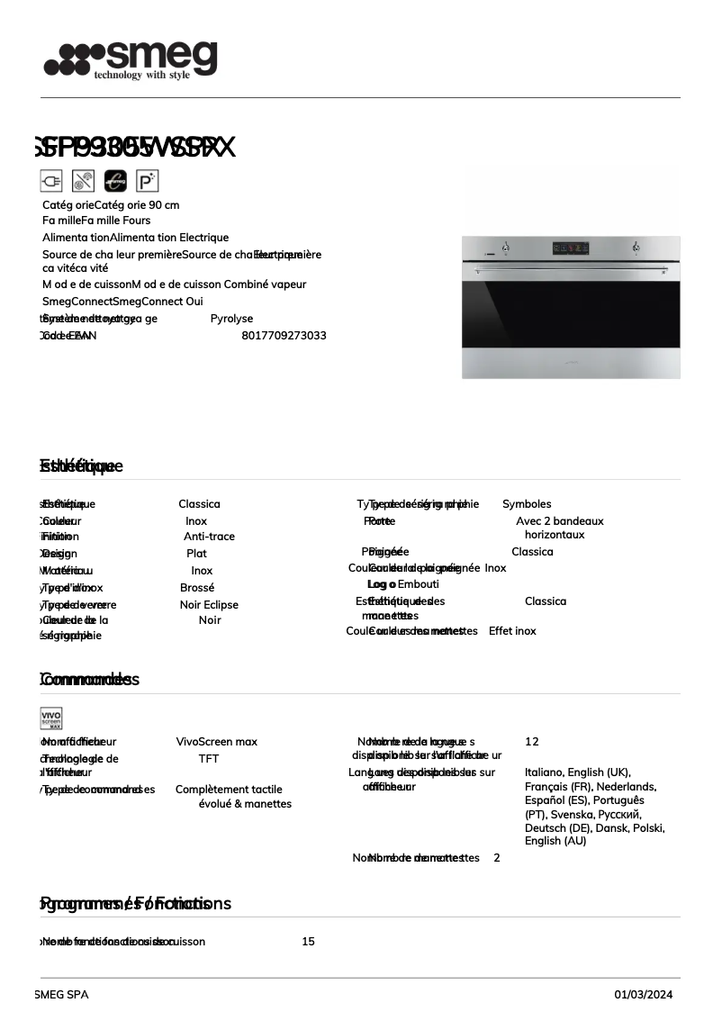 Página 1 del manual Ficha técnica Smeg SFP9305WSPX