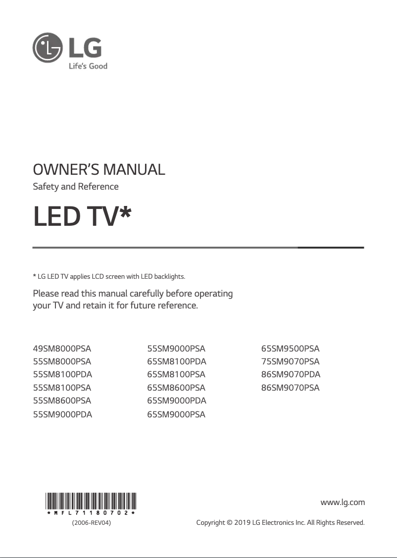 Page 1 de la notice Manuel utilisateur LG 55SM8100PSA