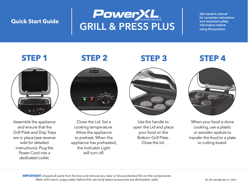 Page 1 de la notice Guide de démarrage rapide PowerXL Grill & Press Plus GMCB01B