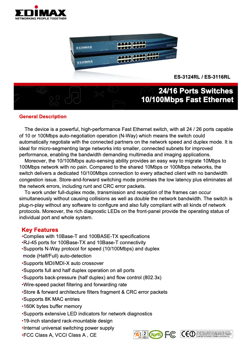 Page 1 de la notice Fiche technique Edimax ES-3124RL