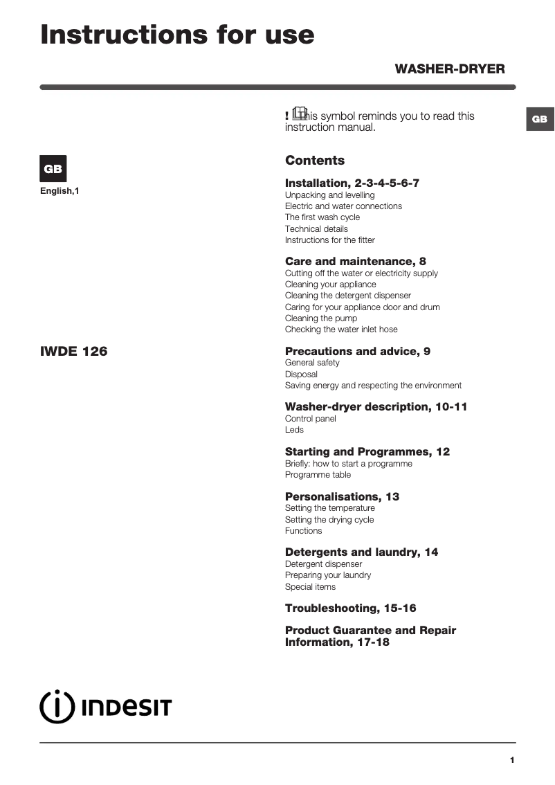 Página 1 del manual Manual de instrucciones Indesit IWDE 126 (UK)