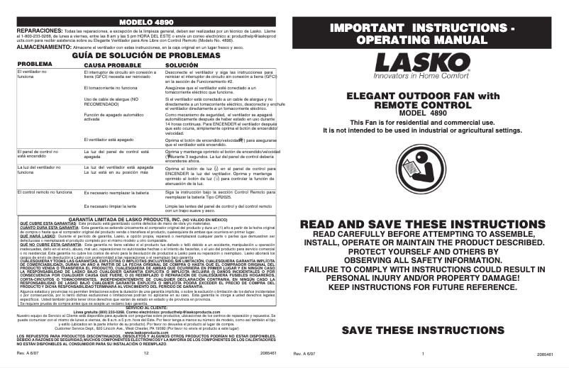 Page 1 of the manual User Manual Lasko 4890