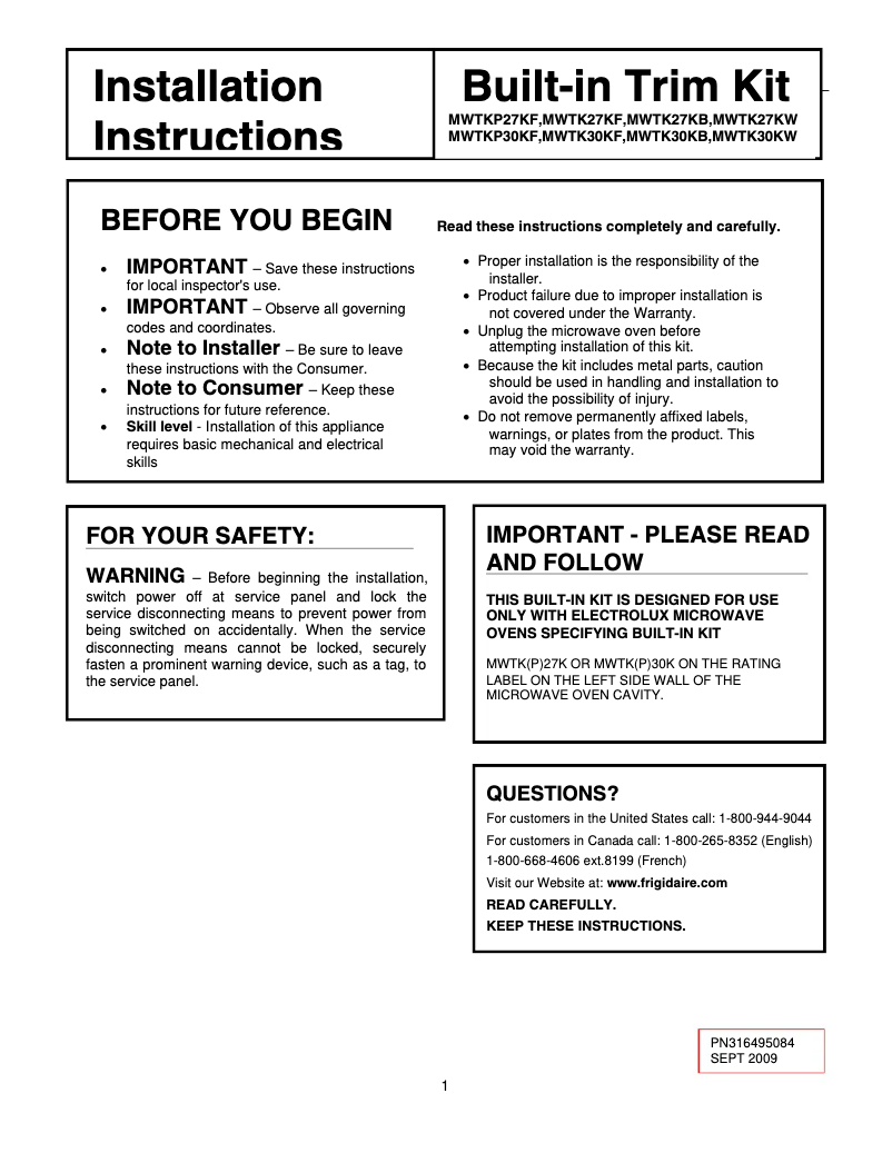 Página 1 del manual Manual de usuario Frigidaire MWTKP27KF