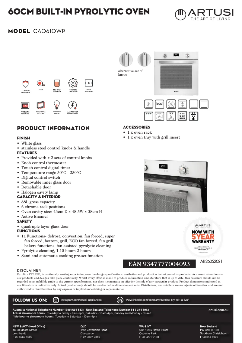 Page 1 de la notice Fiche technique Artusi CAO610WP