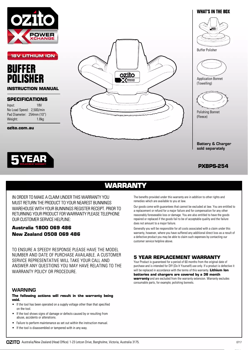 Page 1 de la notice Manuel utilisateur Ozito PXBPS-254