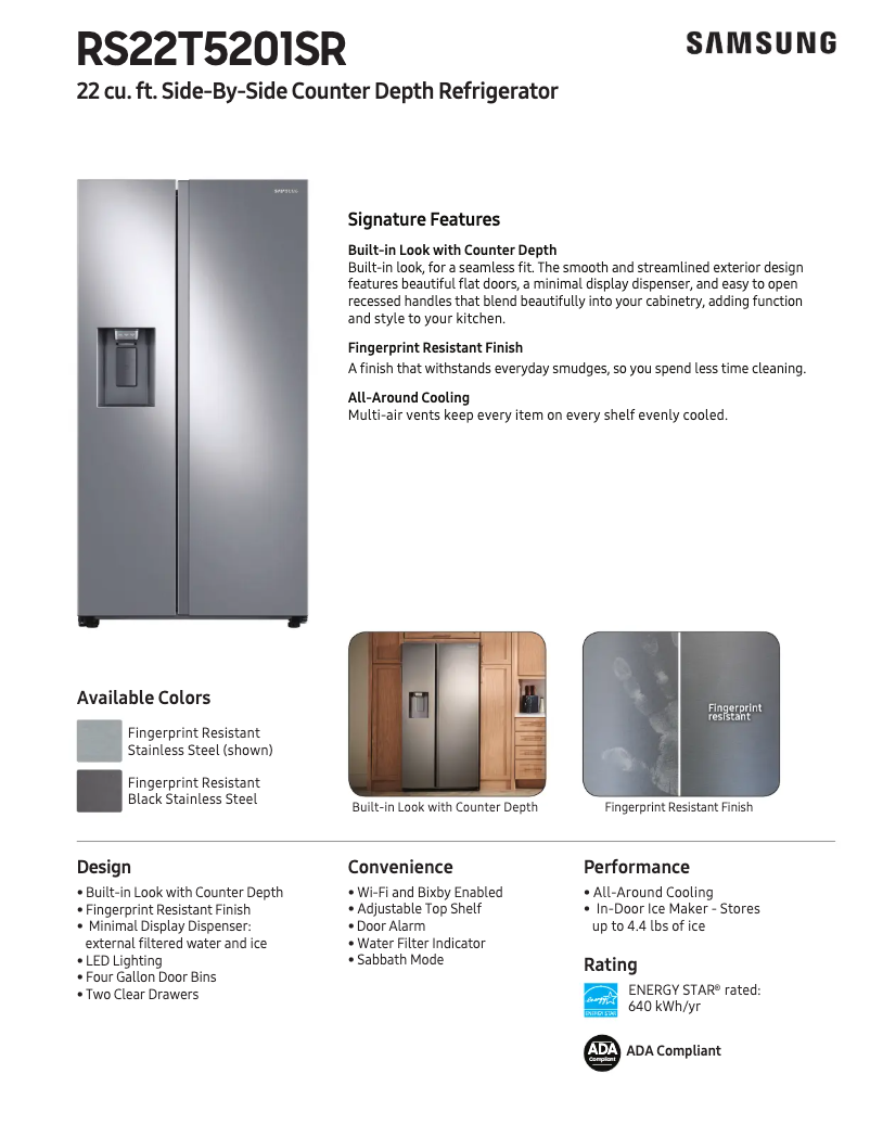 Page 1 de la notice Fiche technique Samsung RS22T5201SR/AA
