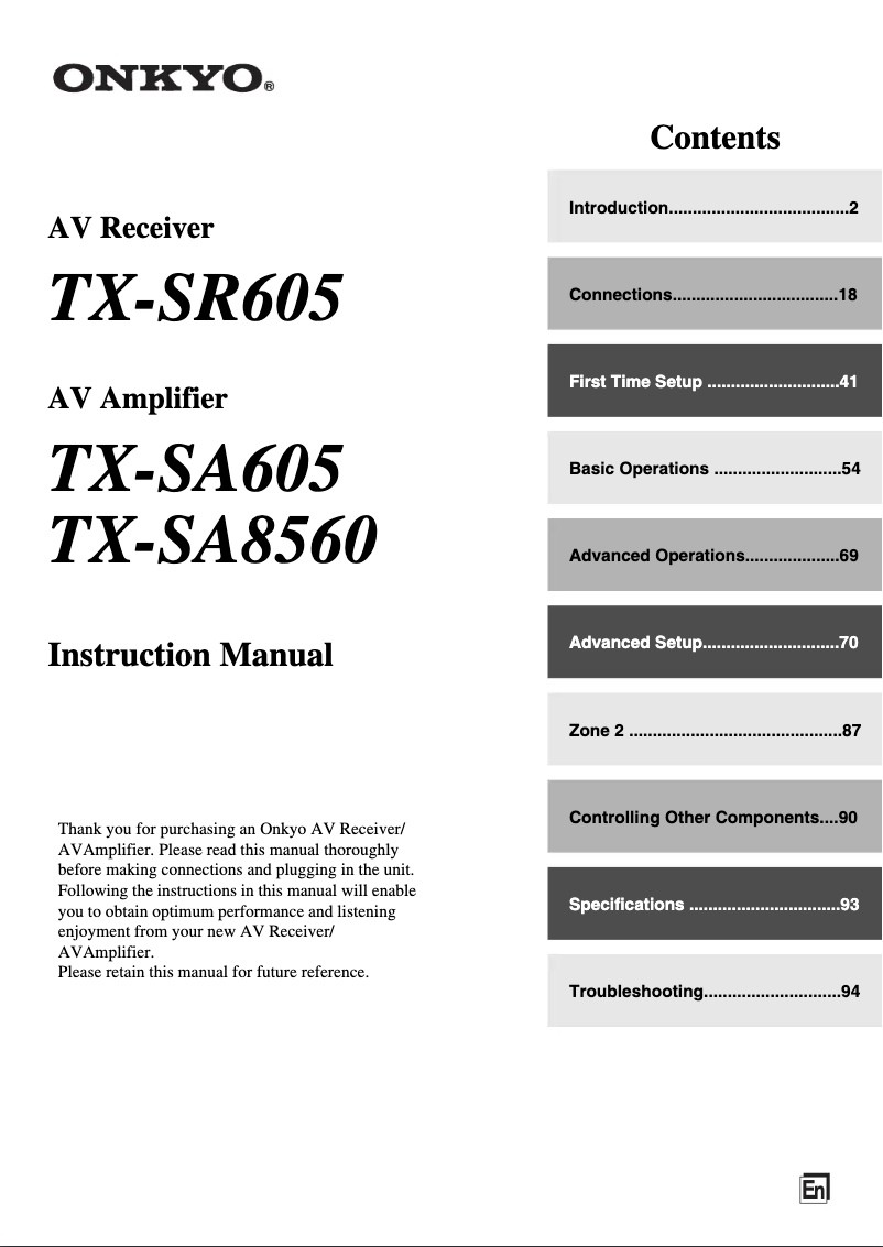 Page 1 de la notice Manuel utilisateur Onkyo TX-SA605