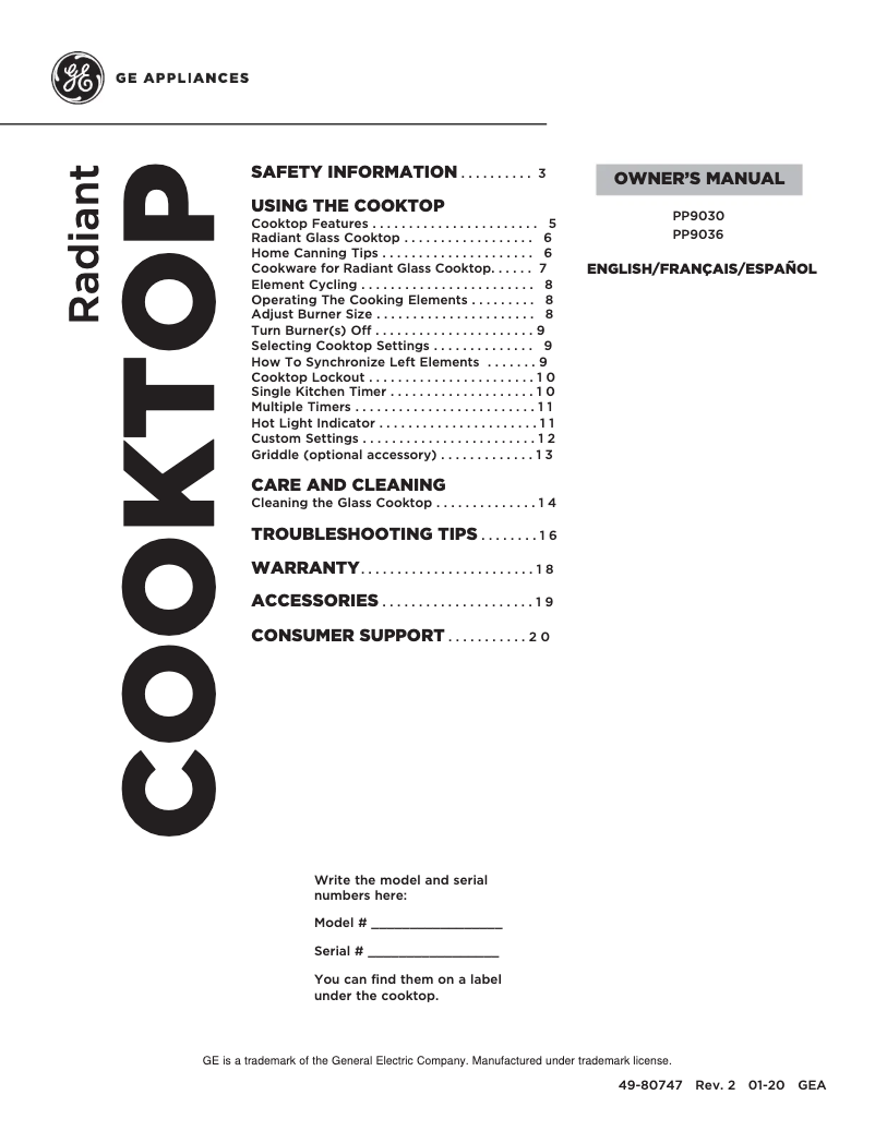 Página 1 del manual Manual de uso y mantenimiento GE PP9036DJBB