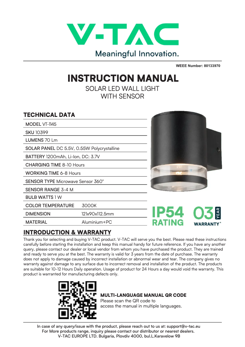 Page 1 de la notice Manuel utilisateur V-TAC VT-1145