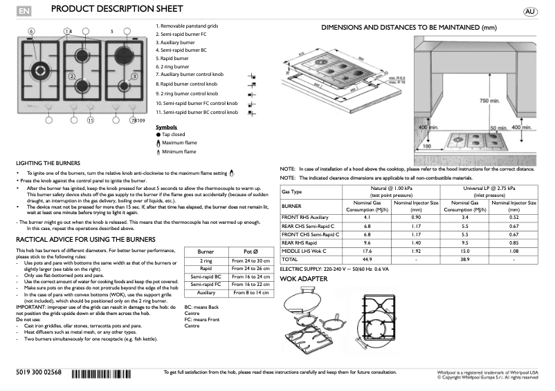 Page 1 de la notice Fiche technique Whirlpool GMF 9522/IXL
