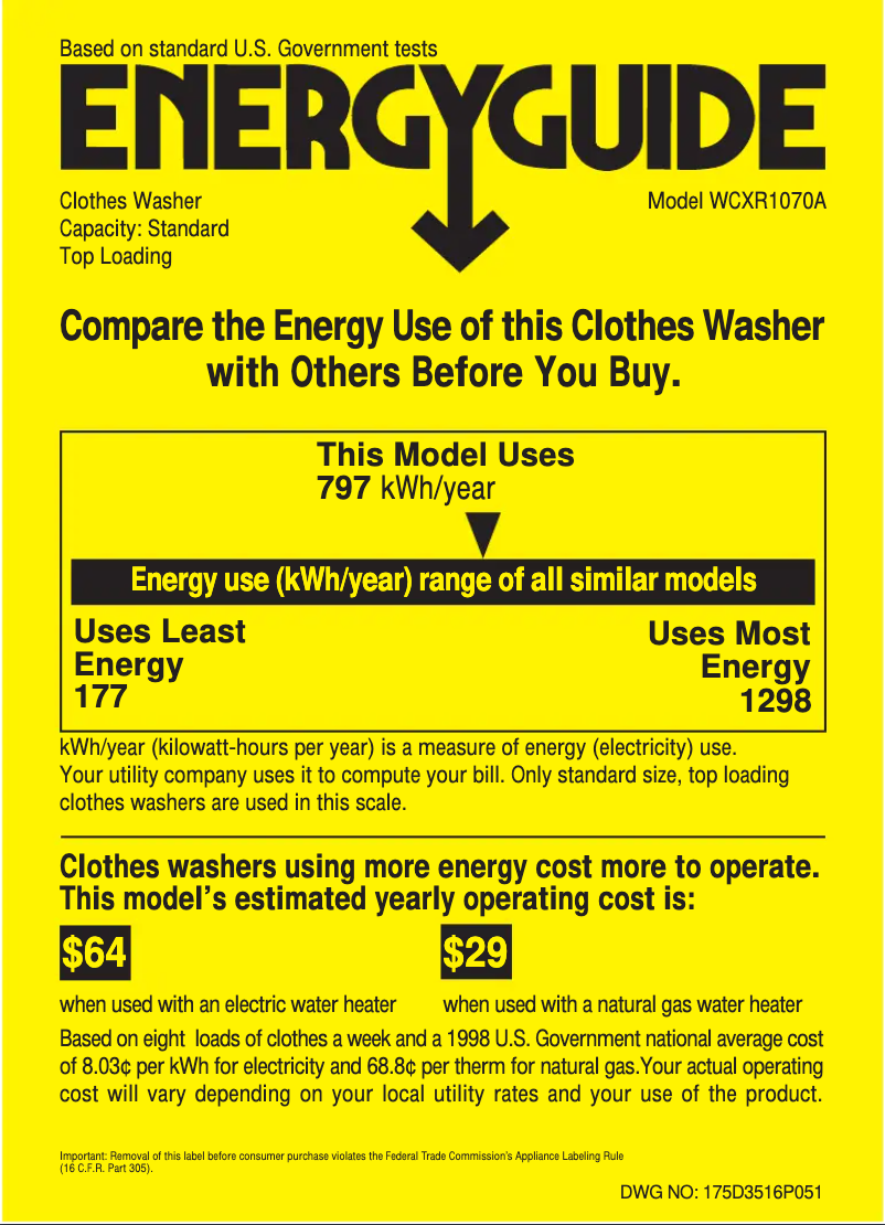 Page 1 of the manual Energy Label GE WCXR1070AWW