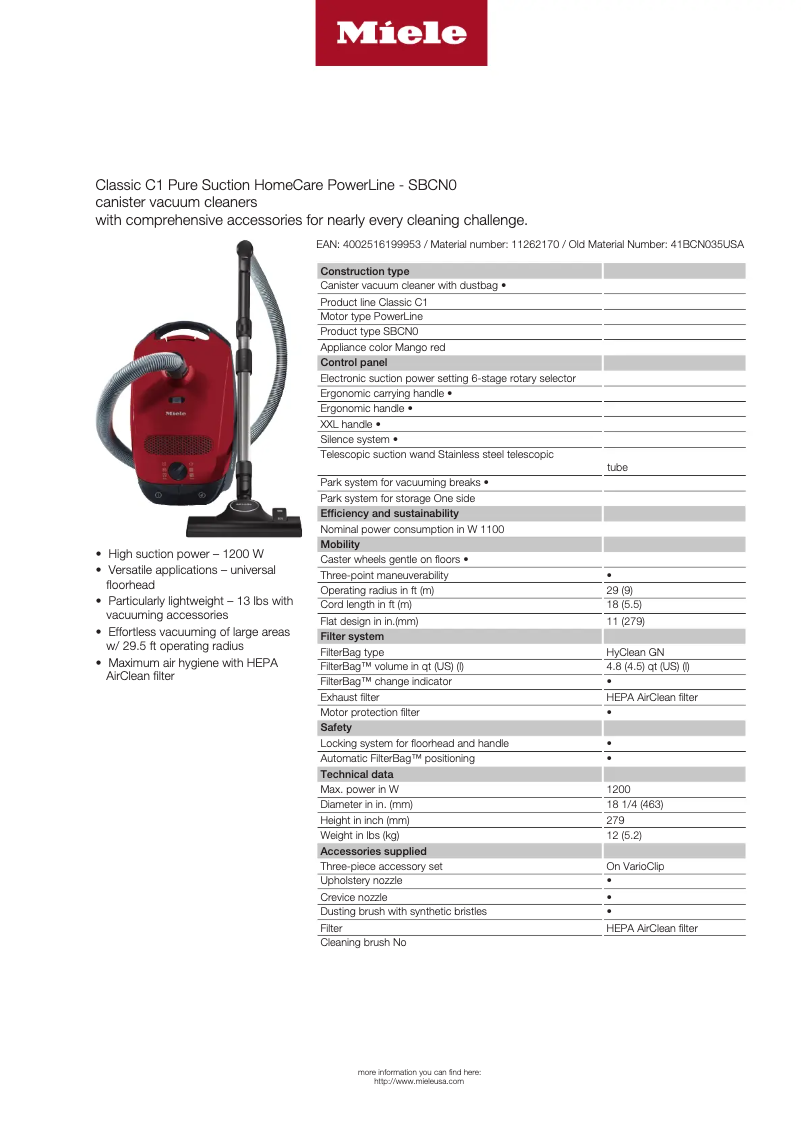 Page 1 de la notice Fiche technique Miele Classic C1 Pure Suction HomeCare