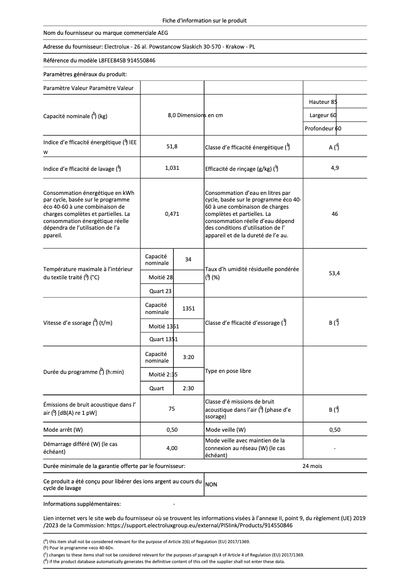 Page 1 de la notice Fiche technique AEG L8FEE84SB