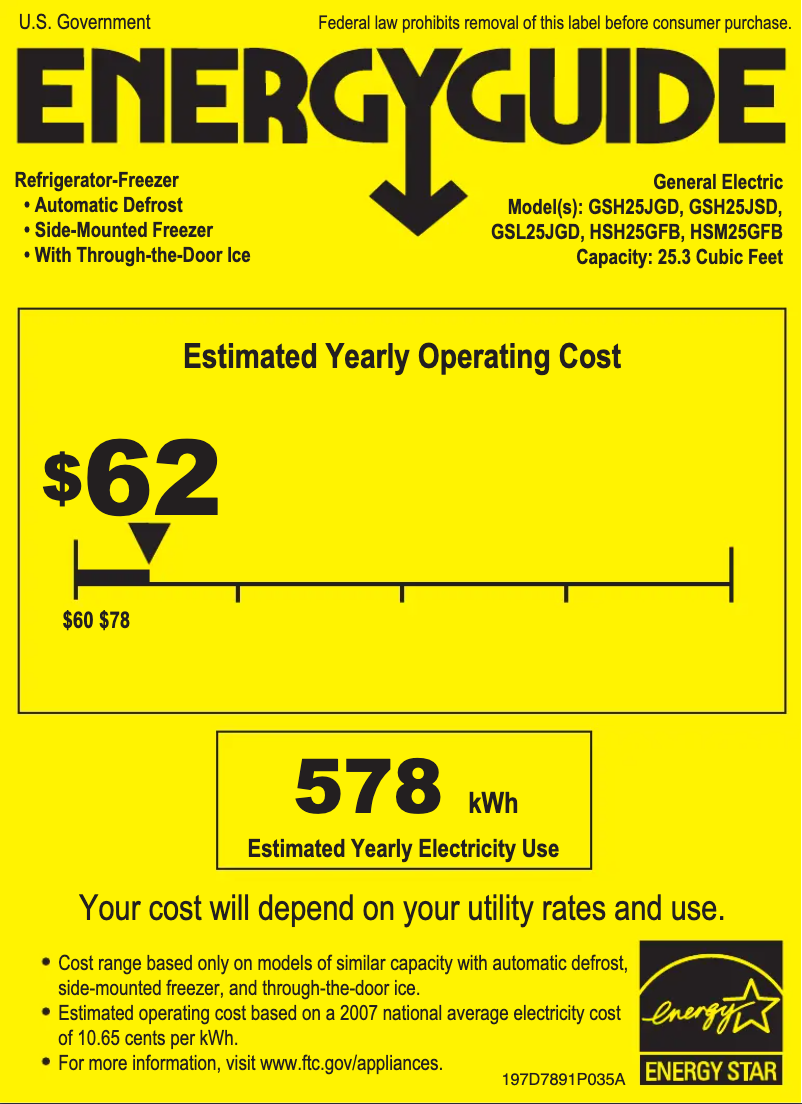 Page 1 de la notice Label énergétique GE GSL25JGDLS