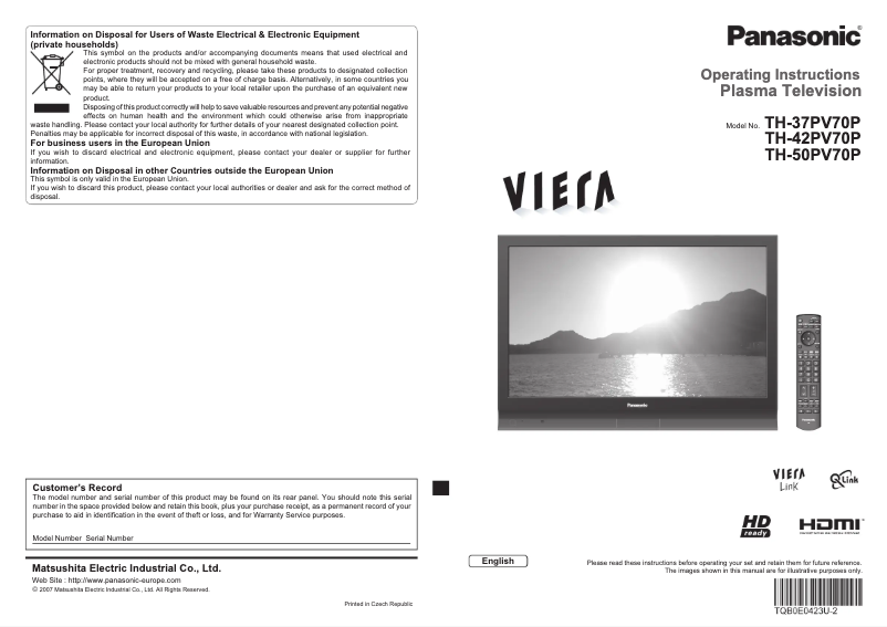 Page 1 de la notice Manuel utilisateur Panasonic TH-50PV70P