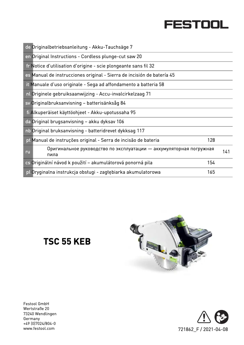Page 1 de la notice Manuel utilisateur Festool TSC 55 KEB