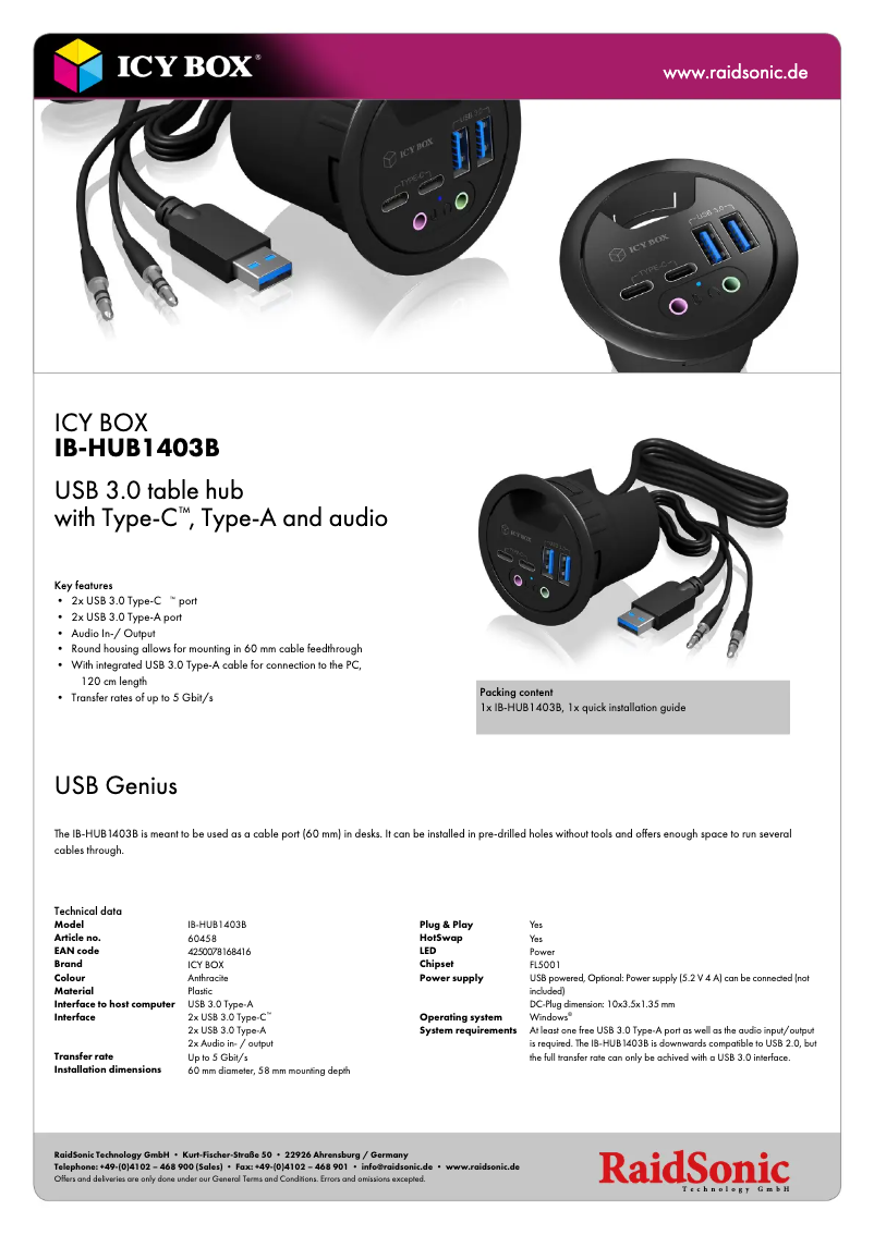 Page 1 de la notice Fiche technique Icy Box IB-HUB1403B