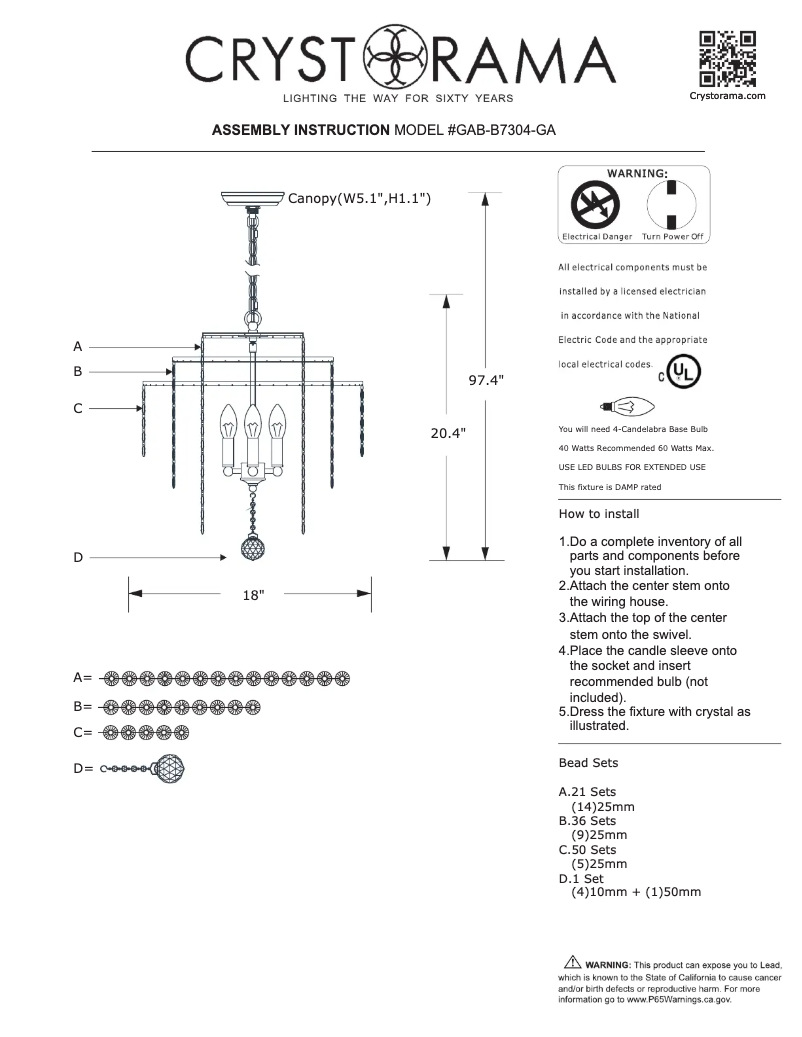 Page 1 de la notice Manuel utilisateur Crystorama Gabrielle GAB-B7304-GA