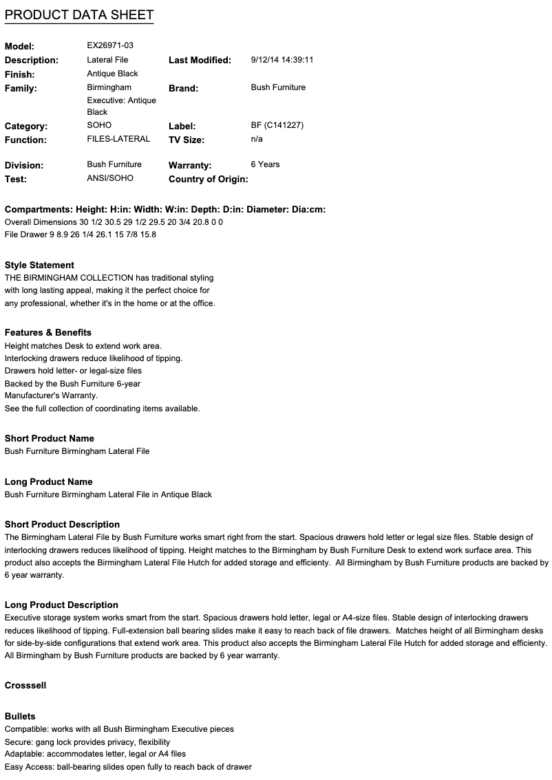 Page 1 de la notice Fiche technique Bush Birmingham EX26971-03