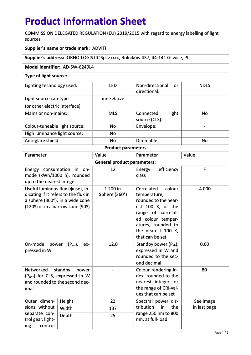 Page 1 de la notice Fiche technique Adviti AD-SW-6249L4