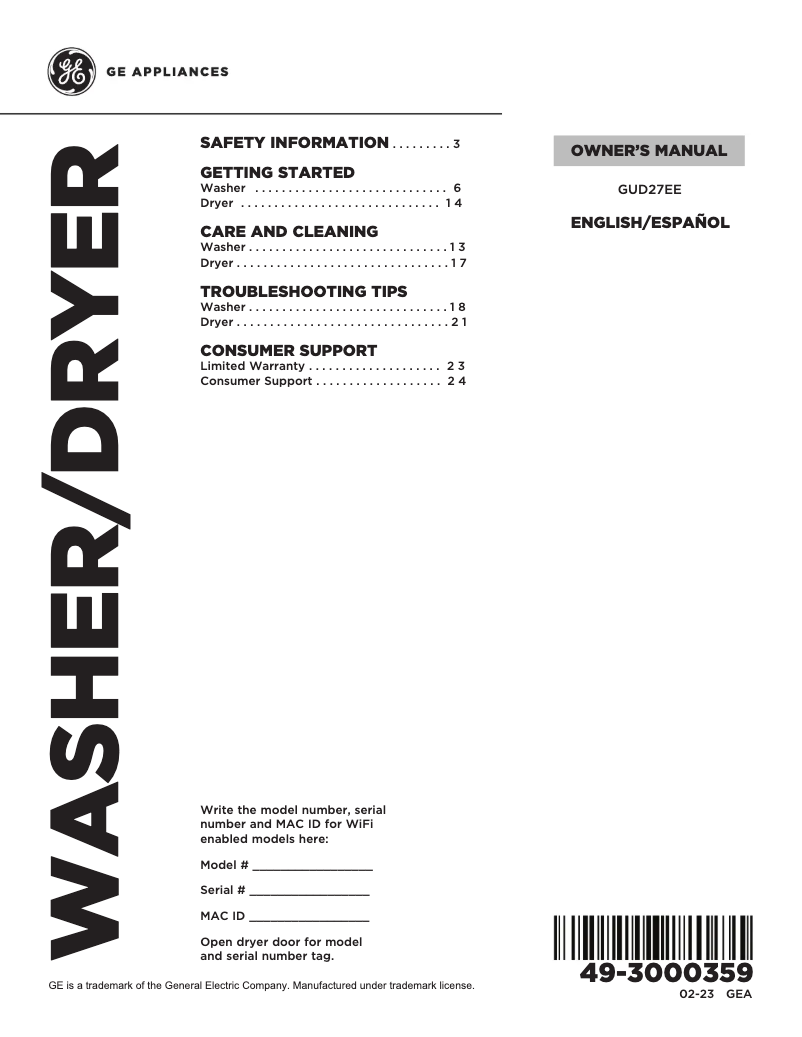 Página 1 del manual Manual de uso y mantenimiento GE GUD27EESNWW