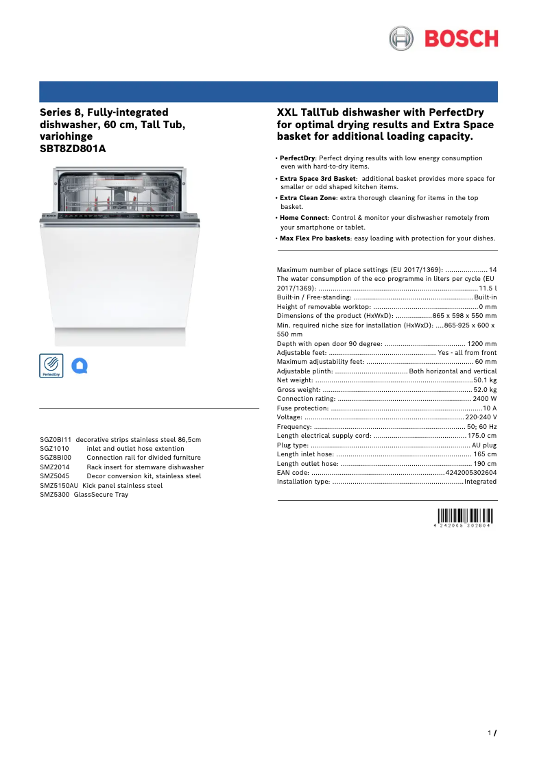 Page 1 de la notice Fiche technique Bosch SBT8ZD801A
