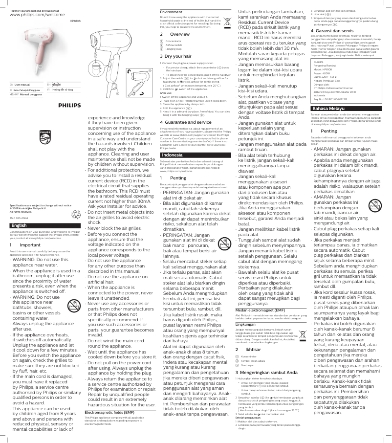 Page 1 de la notice Manuel utilisateur Philips DryCare HP8108